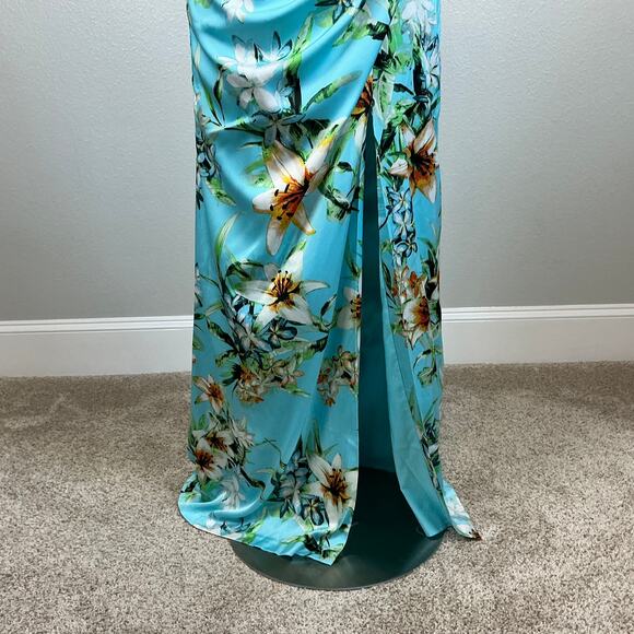 Vince Camuto Backless Floral Satin Sleeveless Maxi Dress Colorful Blue Size 14 - Picture 10 of 13